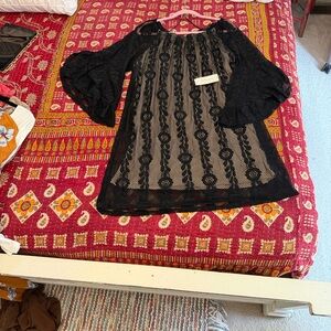 JohnPaulRichard Black Lace Overlay Dress with Nude Underlay and LaceBell Sleeves